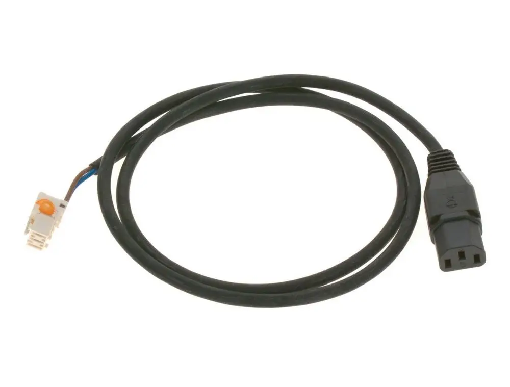 Schwarzes Kabel mit einem flachen und einem runden Stecker. Der flache Stecker hat einen orangefarbenen Halteclip. Geeignet für elektrische Verbindungen, Marke Bosch.